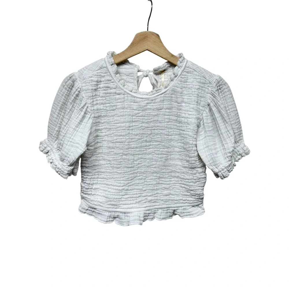 Free People Women Top Sz M White Smocked Puff Sleeve Cottage Coquette Ruffle